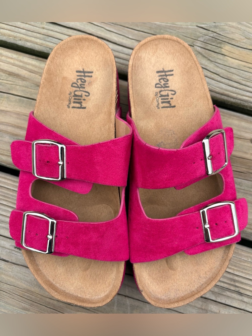 Corkys Hot Pink Double Buckle Suede Slide Sandals